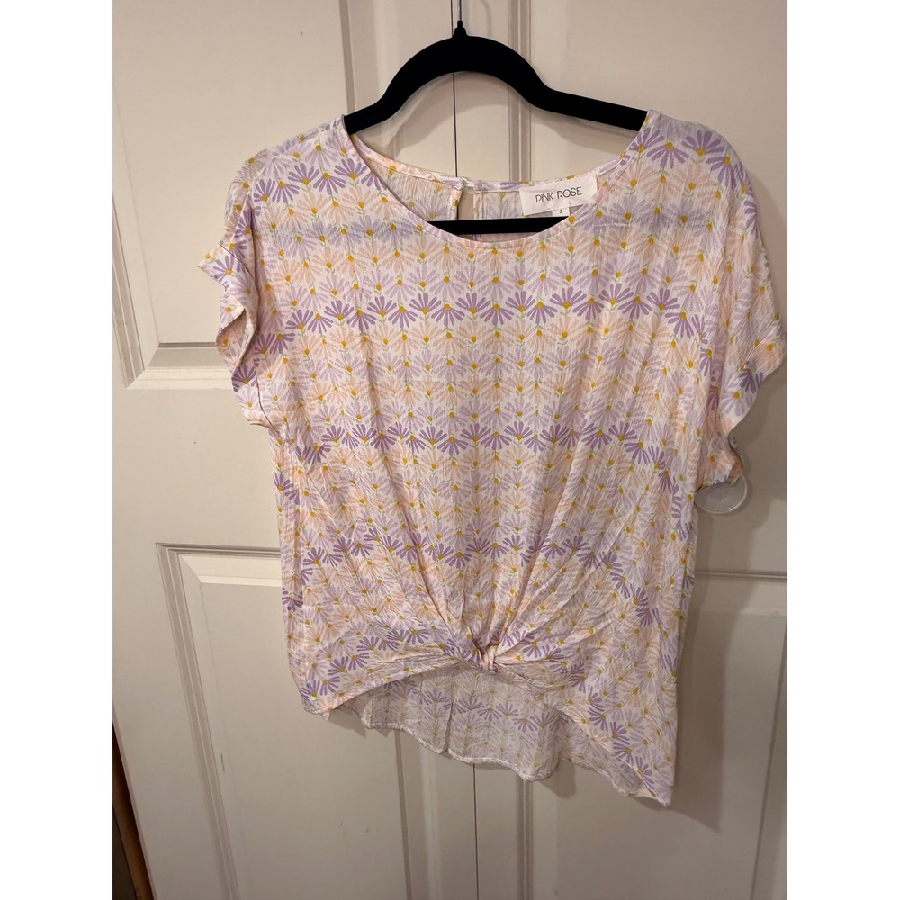 Pink Rose Womens Floral Daisy Twist Front Short Sleeve Blouse Purple Peach Small - Picture 1 of 4